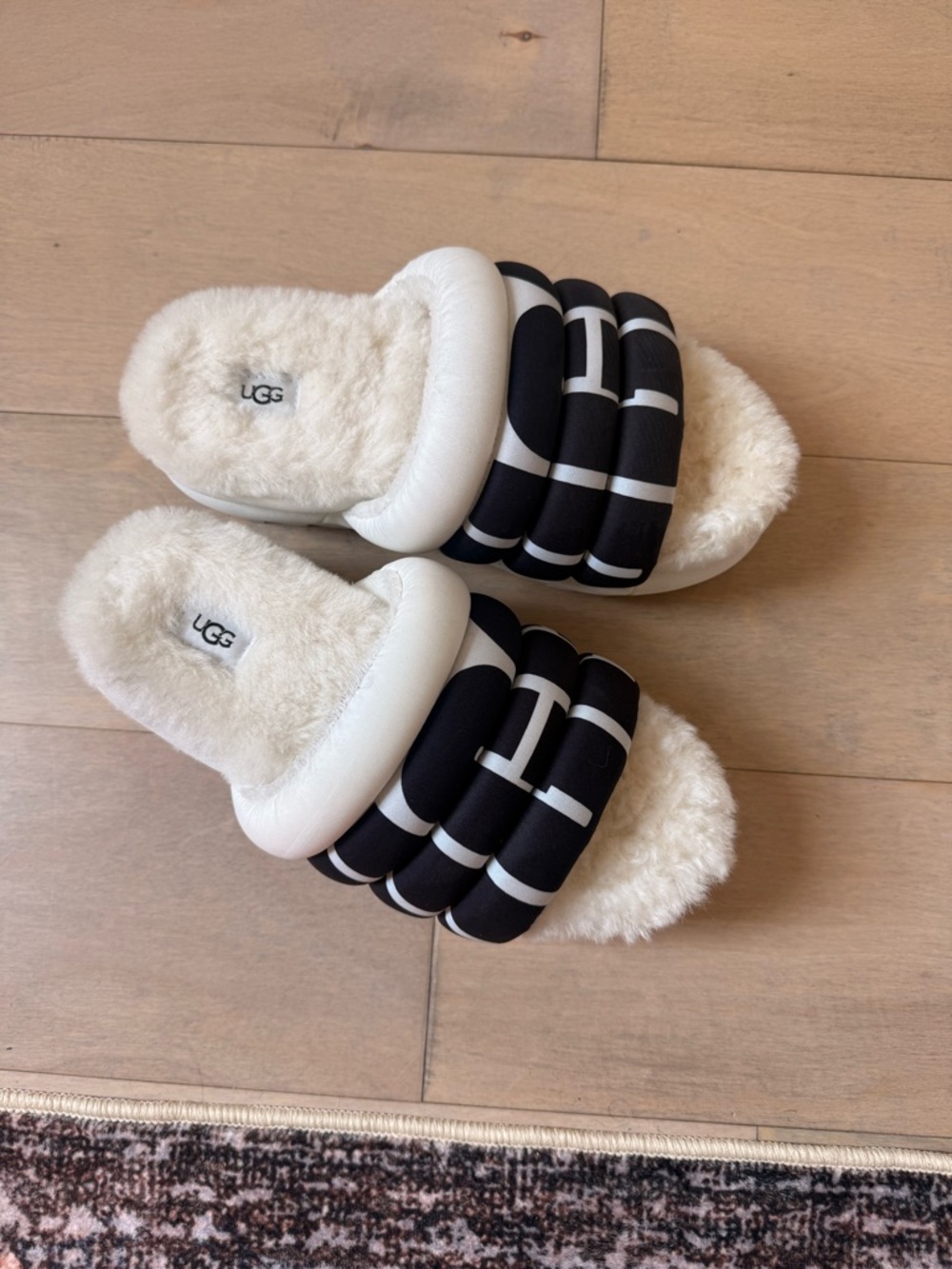UGG Black and White Quilted Shearling Slide Slippers